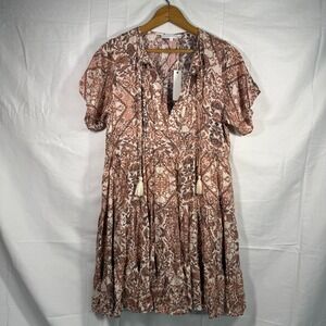 OLIVACEOUS Dear Dress Brown & Cream Floral Ruffle V-neck Mini Dress - Size L NWT